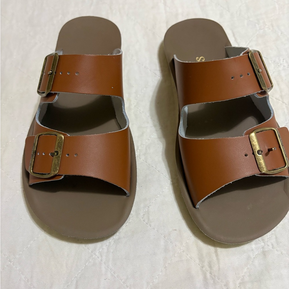 Women's Tan Double-Buckle Slide Sandals - Picture 2 of 5
